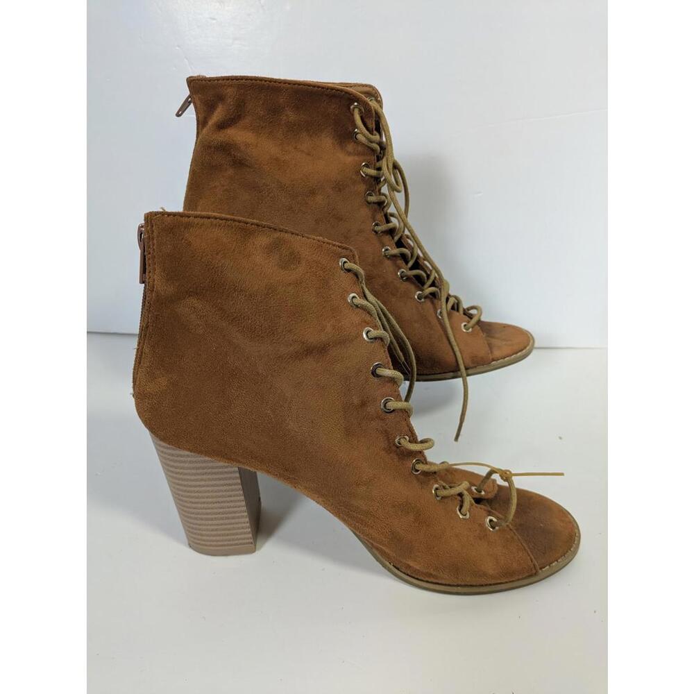 Ardene Cognac Faux Suede Lace-Up Ankle Boots Block Heel Booties Open Toe Look